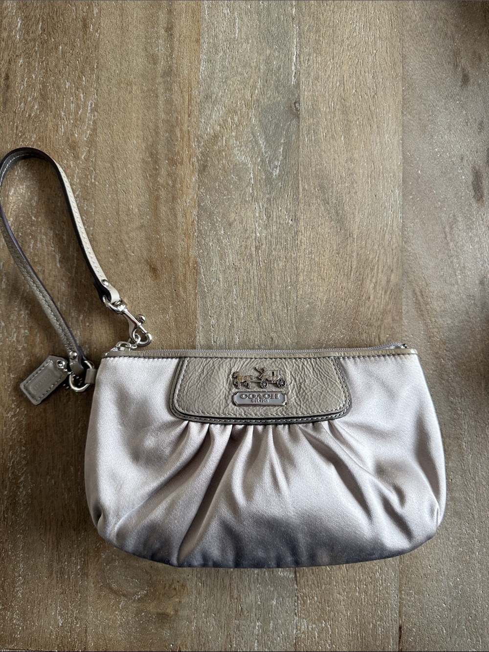 COACH Soft Silver Satin Wristlet Clutch with Leather Trim